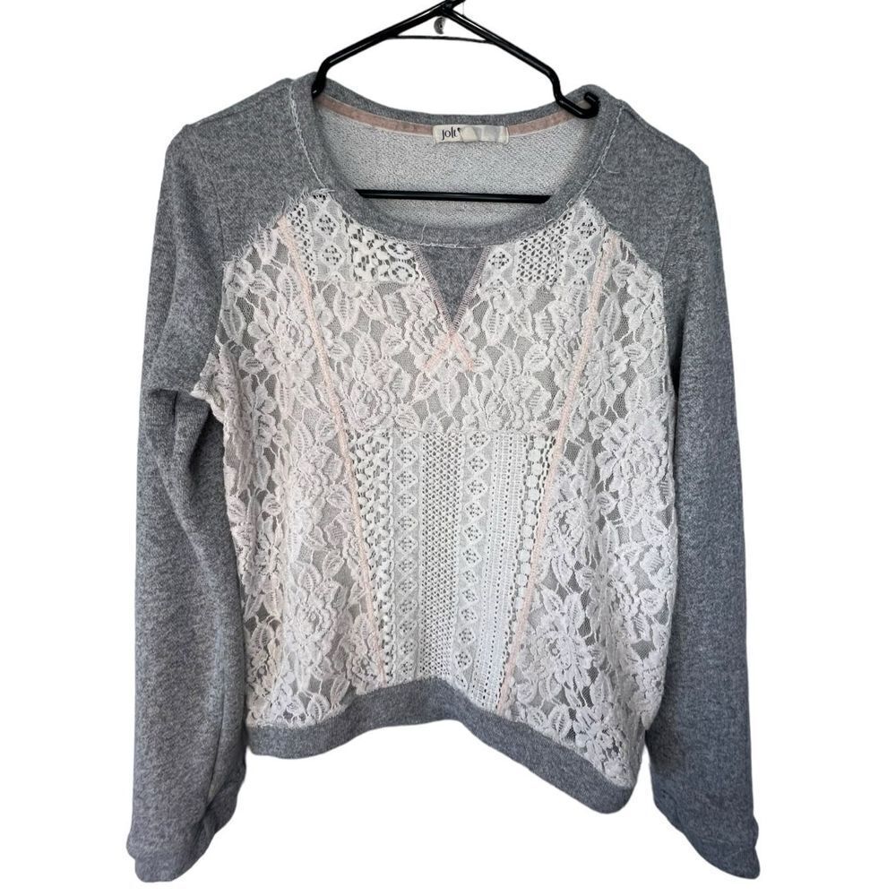 Jolt Grey, Beige, and Pink Long Sleeve Crewneck With Lace Front